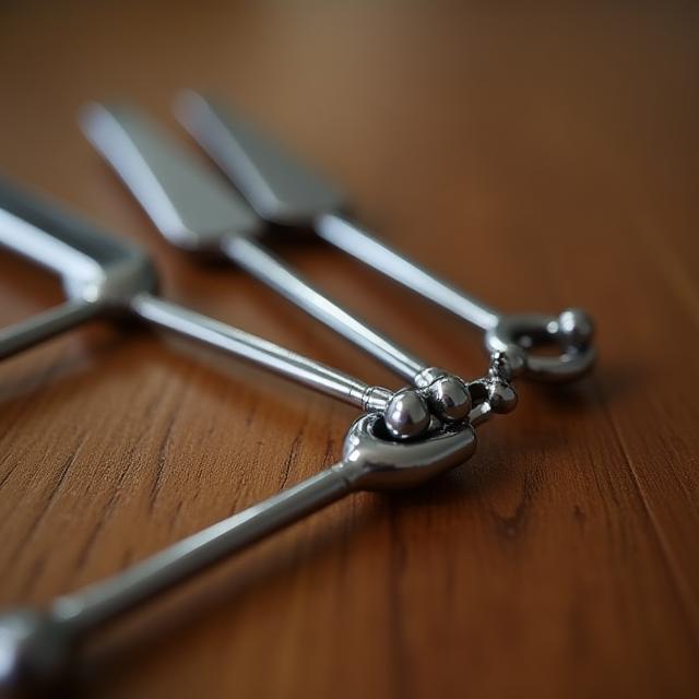 Close-up of therapeutic tuning forks on a wooden table