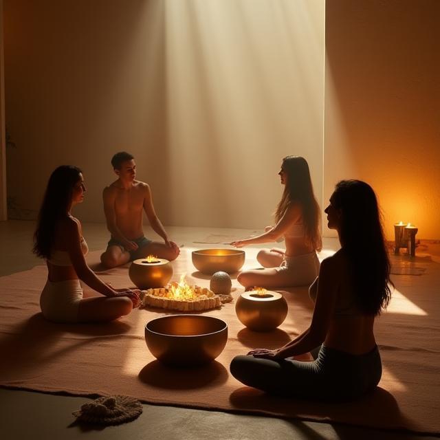 Group in a serene studio experiencing a sound bath session